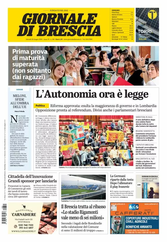 Prima-pagina-giornale di brescia-oggi-edizione-del-2024-06-20